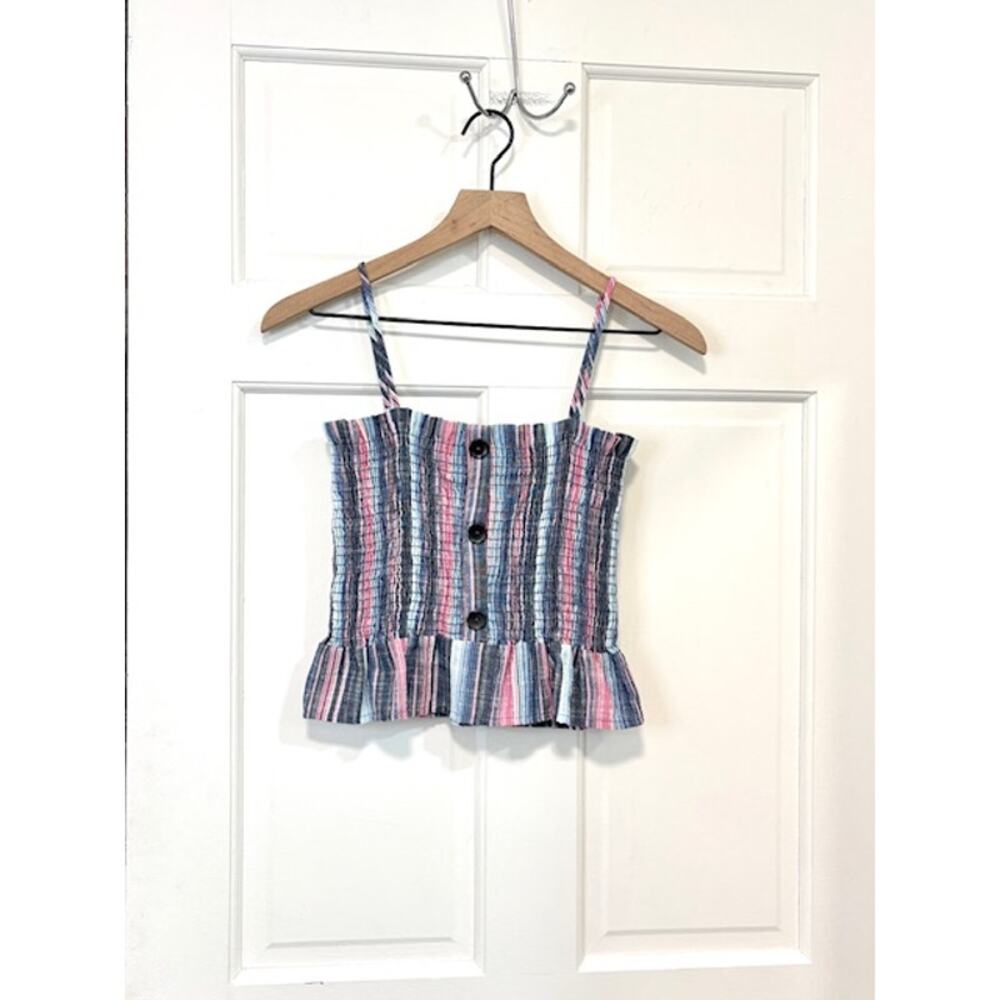 Peach Love California Boho Smocked Crop Top Cottagecore Striped Peplum Hem Small